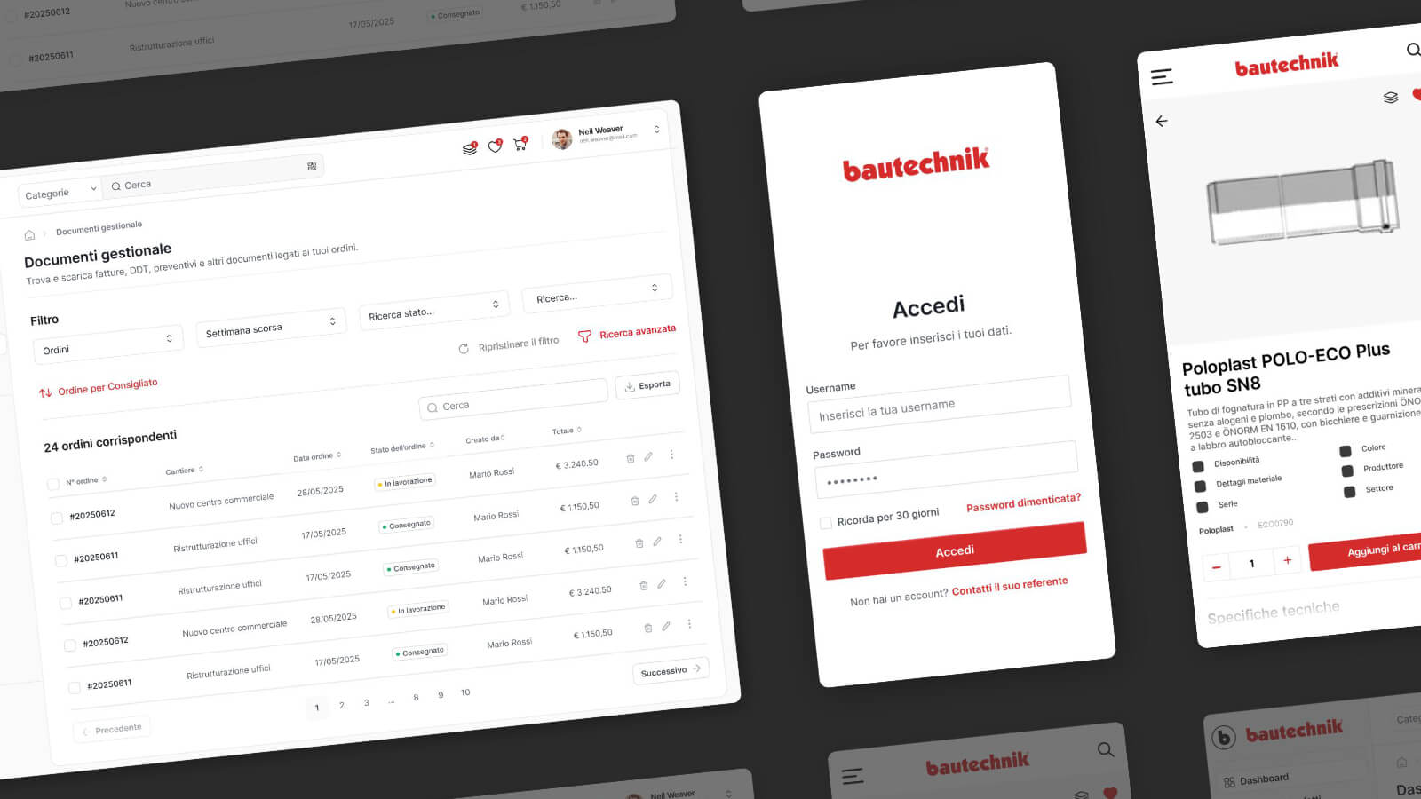 Schermate del portale Bautechnik con gestione documenti, login e prodotto